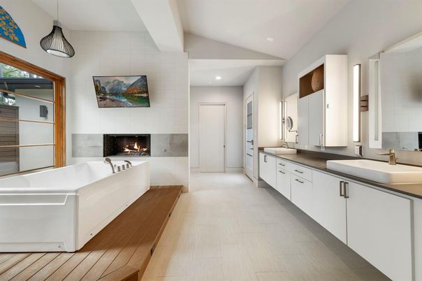 Fireplace, Interior, Pendant Lights, Recessed Lighting, Wood Texture Flooring