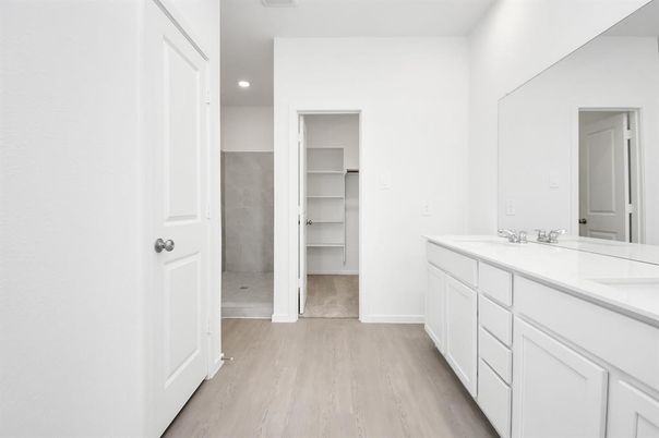Bathroom, Dual Sink Vanities, Interior, Recessed Lighting, Walk-in Closets, Wood Texture Flooring