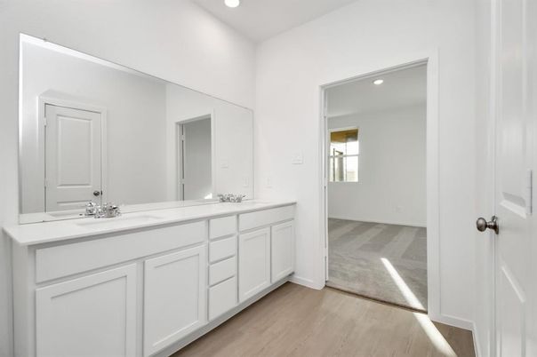Bathroom, Dual Sink Vanities, Interior, Recessed Lighting, Wood Texture Flooring
