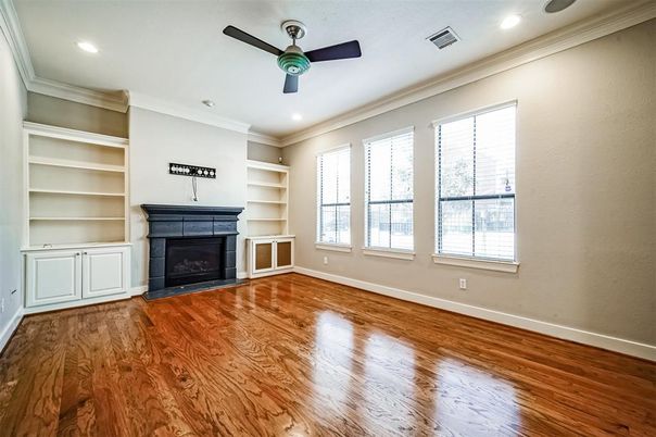 Empty room, Fireplace, Interior, Recessed Lighting, Wood Texture Flooring