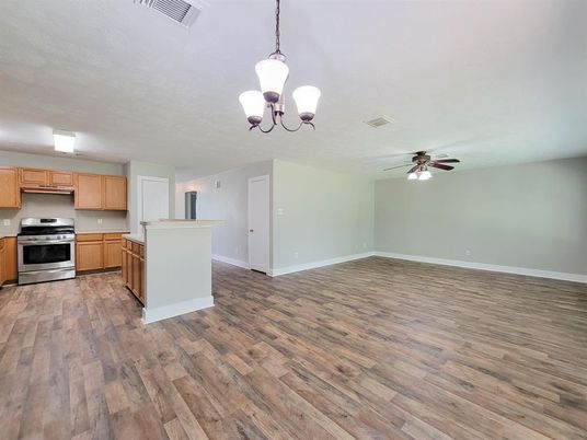 Chandelier, Empty room, Interior, Kitchen, Pendant Lights, Stainless Steel Appliances, Wood Texture Flooring