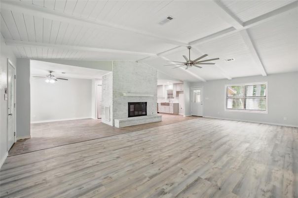 Empty room, Fireplace, Interior, Stone Walls, Wood Texture Flooring