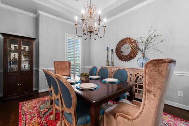 Chandelier, Dining room, Interior, Wood Texture Flooring