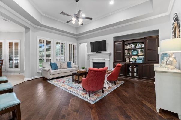 Fireplace, Interior, Living room, Recessed Lighting, Wood Texture Flooring