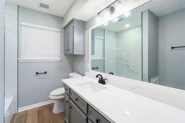 Bathroom, Interior, Marble Walls, Recessed Lighting, Wood Texture Flooring