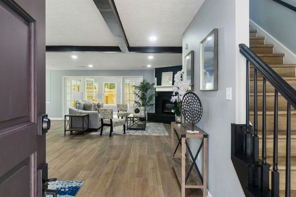 Fireplace, Interior, Living room, Recessed Lighting, Wood Texture Flooring