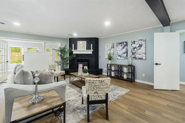 Fireplace, Interior, Living room, Recessed Lighting, Wood Texture Flooring