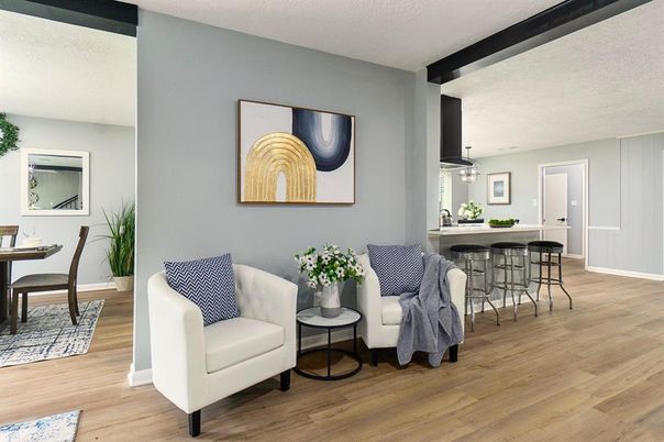 Dining room, Interior, Pendant Lights, Wood Texture Flooring