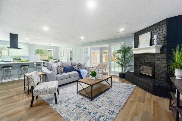 Fireplace, Interior, Kitchen, Living room, Pendant Lights, Recessed Lighting, Stone Walls, Wood Texture Flooring