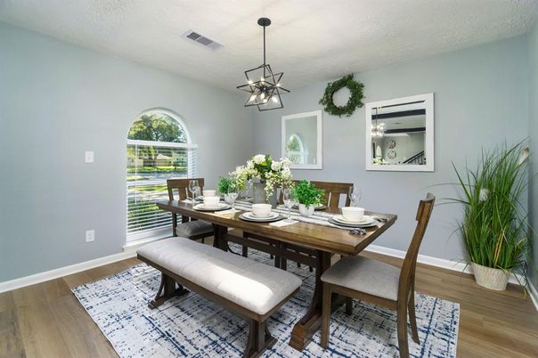 Dining room, Interior, Pendant Lights, Wood Texture Flooring