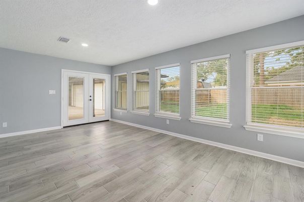 Empty room, Interior, Recessed Lighting, Wood Texture Flooring