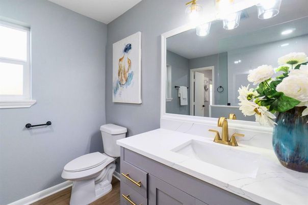 Bathroom, Interior, Recessed Lighting, Wood Texture Flooring
