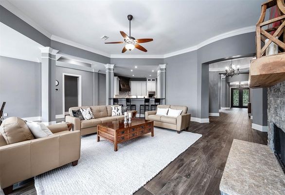 Chandelier, Dining room, Fireplace, Interior, Kitchen, Living room, Recessed Lighting, Wood Texture Flooring