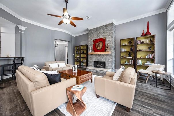 Fireplace, Interior, Living room, Stone Walls, Wood Texture Flooring