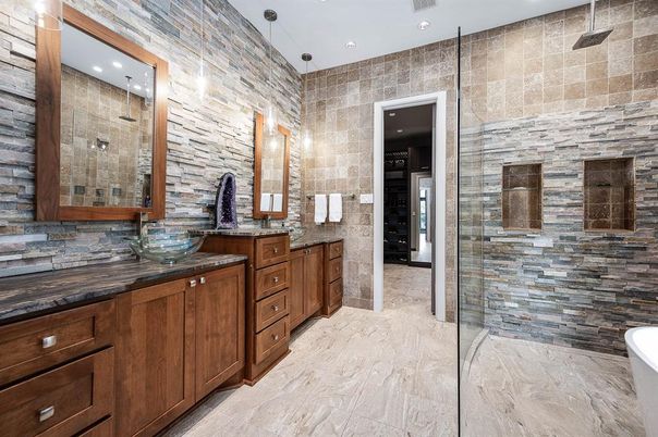 Bathroom, Glass Shower, Interior, Recessed Lighting, Stone Walls