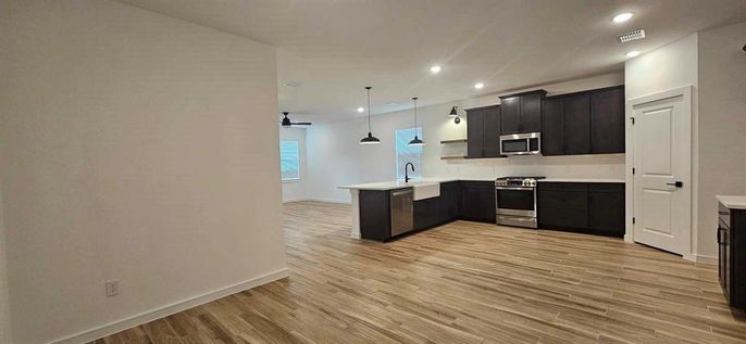 Interior, Kitchen, Pendant Lights, Recessed Lighting, Wood Texture Flooring