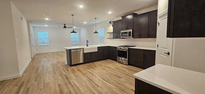 Interior, Kitchen, Pendant Lights, Recessed Lighting, Stainless Steel Appliances, Wood Texture Flooring
