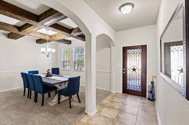 Chandelier, Dining room, Interior, Wooden Beams