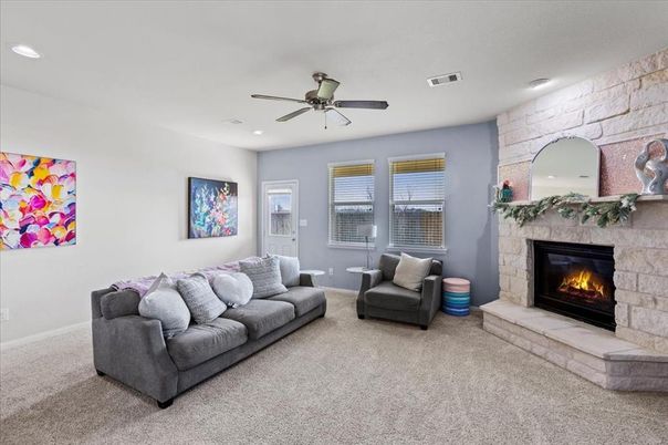 Fireplace, Interior, Living room, Recessed Lighting, Stone Walls