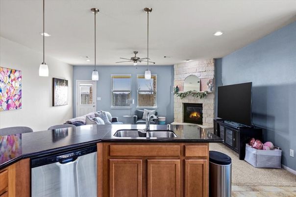 Dining room, Fireplace, Interior, Kitchen, Pendant Lights, Recessed Lighting, Stone Walls