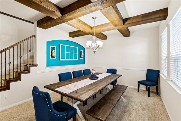 Chandelier, Dining room, Interior, Wooden Beams