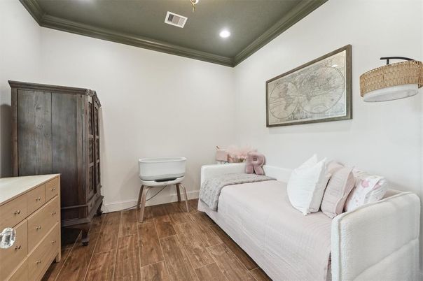 Bedroom, Interior, Recessed Lighting, Wood Texture Flooring