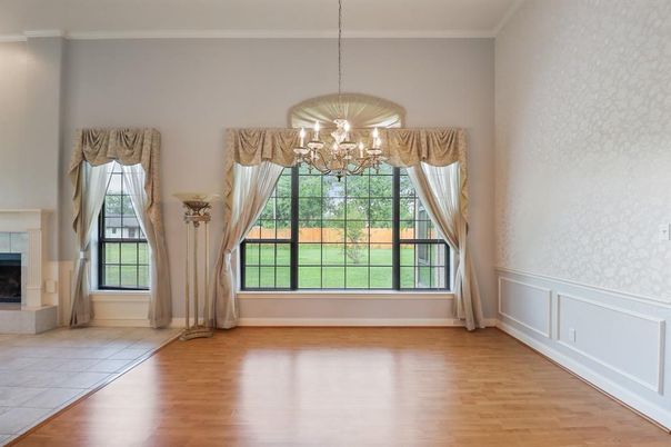 Chandelier, Empty room, Fireplace, Interior, Wood Texture Flooring