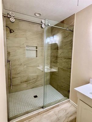 Bathroom, Glass Shower, Interior, Marble, Marble Walls, Recessed Lighting