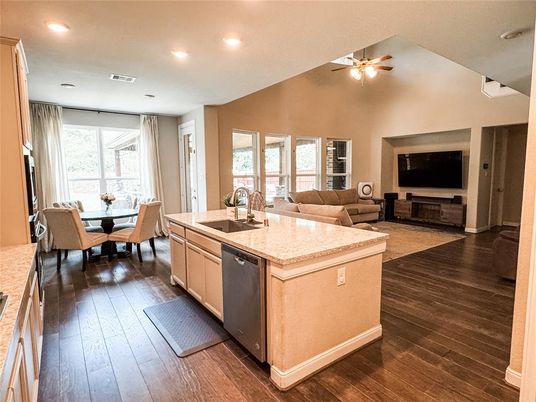 Dining room, Interior, Kitchen, Living room, Recessed Lighting, Wood Texture Flooring