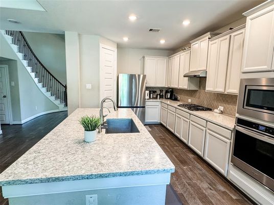 Interior, Kitchen, Recessed Lighting, Stainless Steel Appliances, Wood Texture Flooring