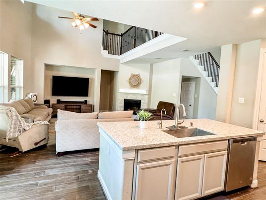 Fireplace, Interior, Kitchen, Living room, Recessed Lighting, Wood Texture Flooring