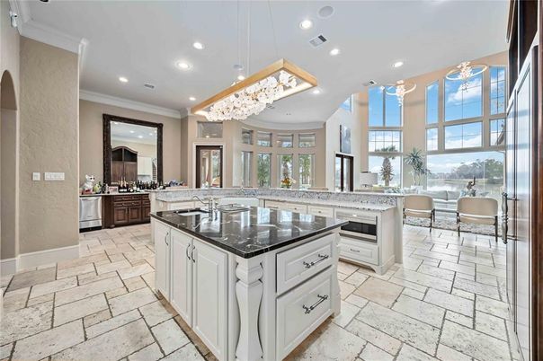 Chandelier, Interior, Kitchen, Pendant Lights, Recessed Lighting, Stainless Steel Appliances