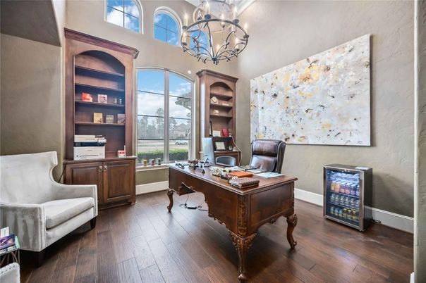 Chandelier, Home Office, Interior, Wood Texture Flooring