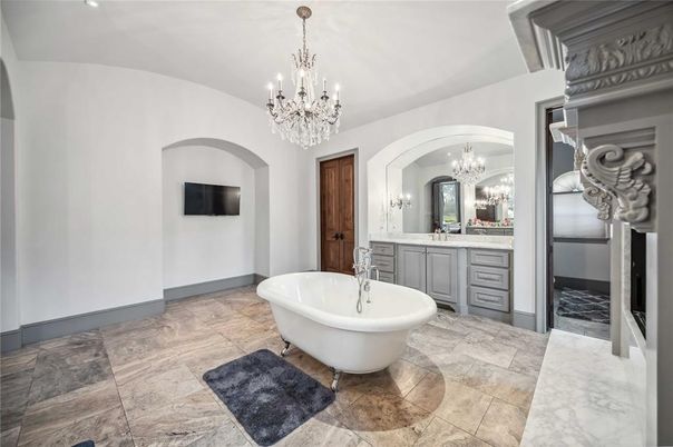 Bathroom, Chandelier, Dual Sink Vanities, Free Standing Baths, Interior, Marble