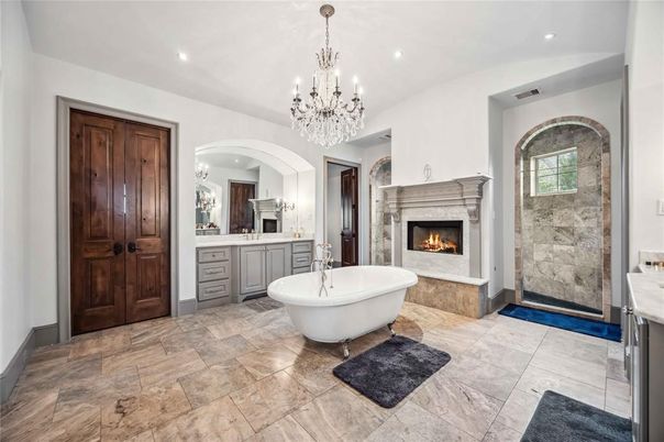 Bathroom, Chandelier, Fireplace, Free Standing Baths, Interior, Pendant Lights, Recessed Lighting