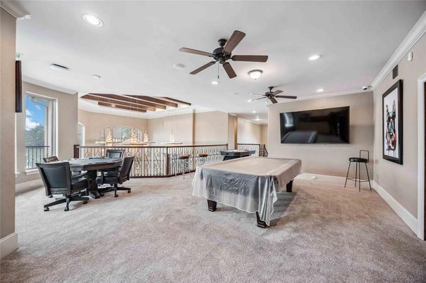 Billiard Table, Game Room, Interior, Recessed Lighting, Wooden Beams