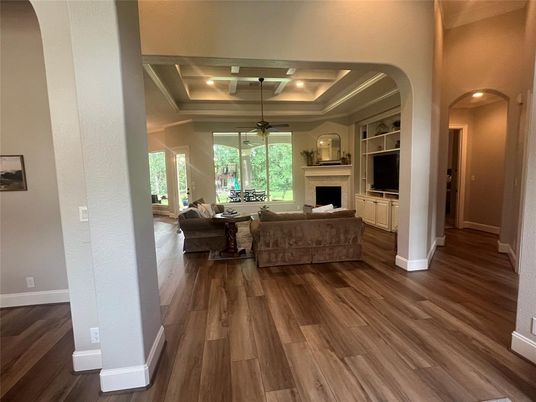 Fireplace, Interior, Living room, Recessed Lighting, Wood Texture Flooring