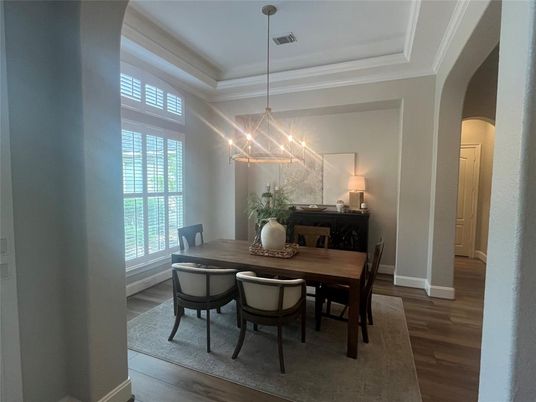 Chandelier, Dining room, Interior, Pendant Lights, Wood Texture Flooring