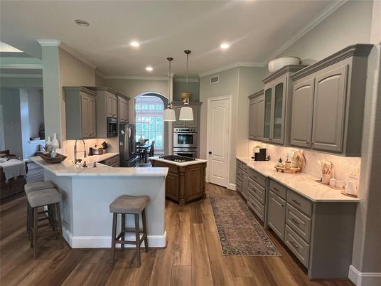 Interior, Kitchen, Pendant Lights, Recessed Lighting, Stainless Steel Appliances, Wood Texture Flooring