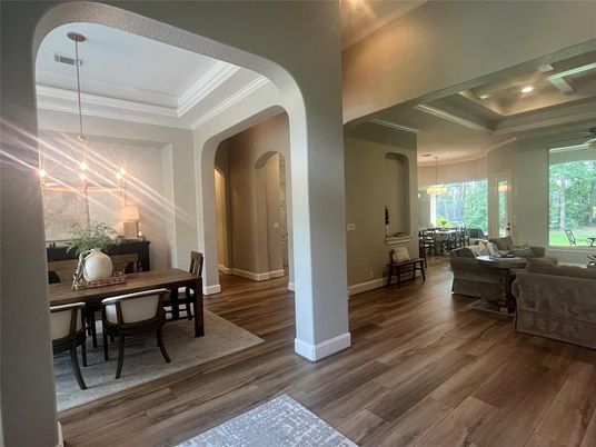 Dining room, Interior, Living room, Pendant Lights, Wood Texture Flooring