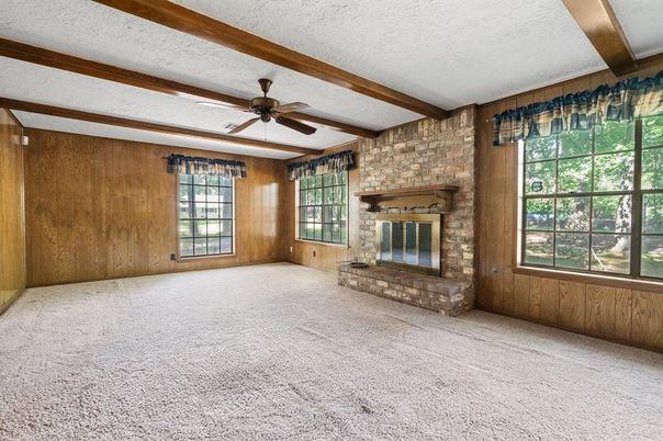 Empty room, Fireplace, Interior, Stone Walls, Wooden Beams