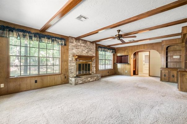 Empty room, Fireplace, Interior, Stone Walls, Wooden Beams