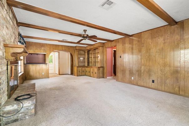 Empty room, Fireplace, Interior, Wooden Beams, Wooden Walls
