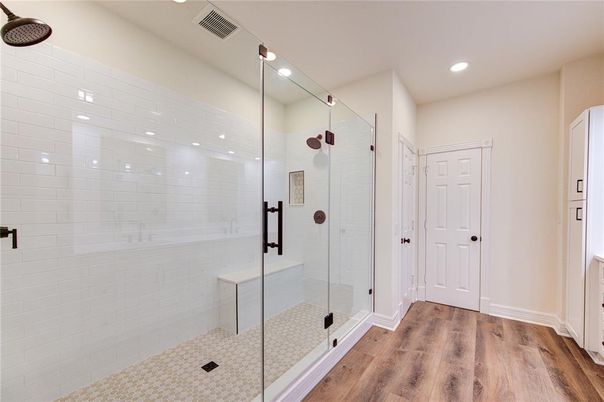 Bathroom, Glass Shower, Interior, Recessed Lighting, Wood Texture Flooring
