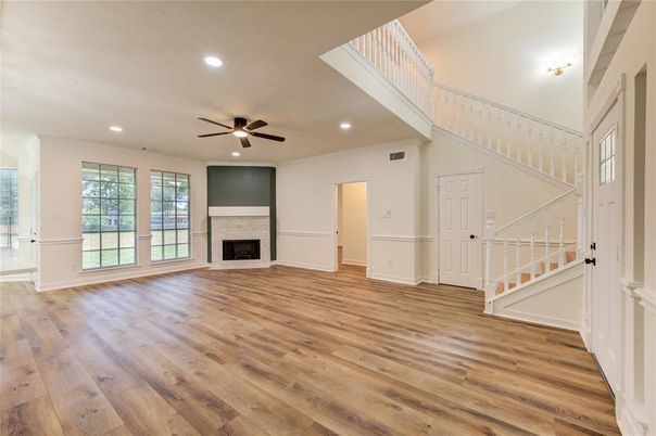 Empty room, Fireplace, Interior, Recessed Lighting, Wood Texture Flooring