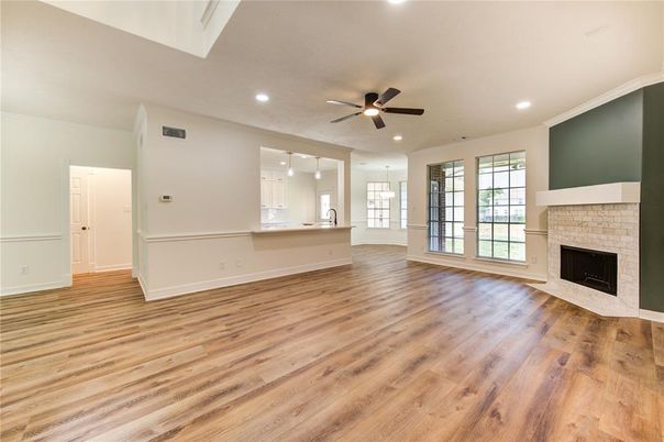 Empty room, Fireplace, Interior, Recessed Lighting, Wood Texture Flooring