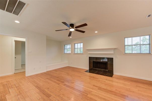 Empty room, Fireplace, Interior, Recessed Lighting, Wood Texture Flooring