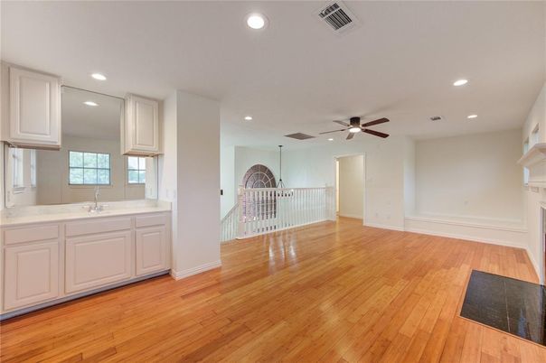 Empty room, Fireplace, Interior, Recessed Lighting, Wood Texture Flooring