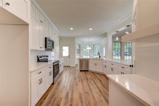 Interior, Kitchen, Pendant Lights, Recessed Lighting, Stainless Steel Appliances, Wood Texture Flooring