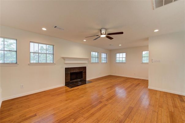 Empty room, Fireplace, Interior, Recessed Lighting, Wood Texture Flooring